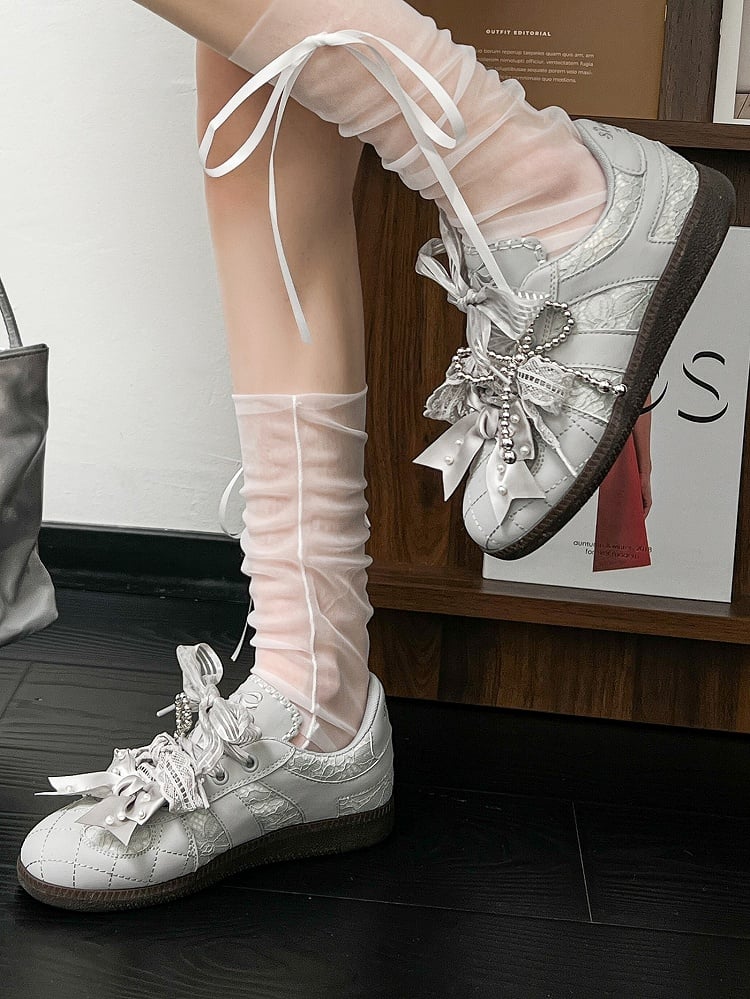 Gray Beaded Decorated Bow at Top Lace Front Lace-up Ties Sneakers