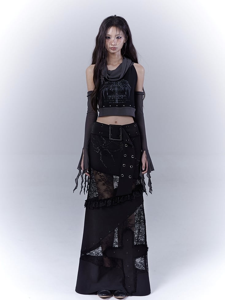 Black Cross Wing Print Punk Studded Sleeveless Top with Free Armwear