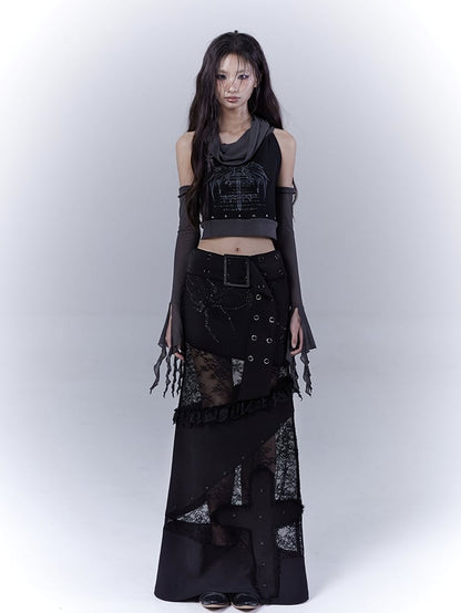 Black Cross Wing Print Punk Studded Sleeveless Top with Free Armwear