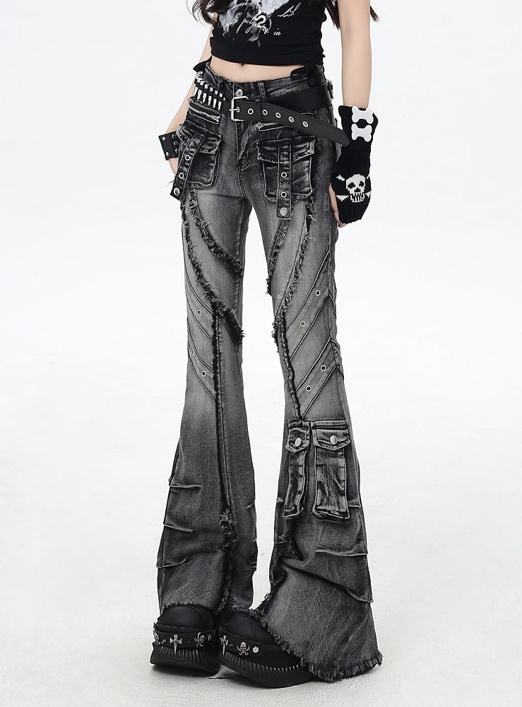 Y2K Black Low Rise Raw Hem Faded Wash Flared Cargo Jeans