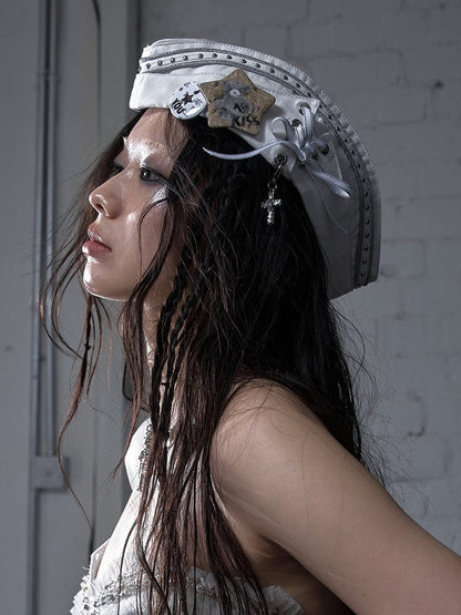 Black/White Navycore Lace-up Detail Cross Charm Punk Studded Sailor Hat