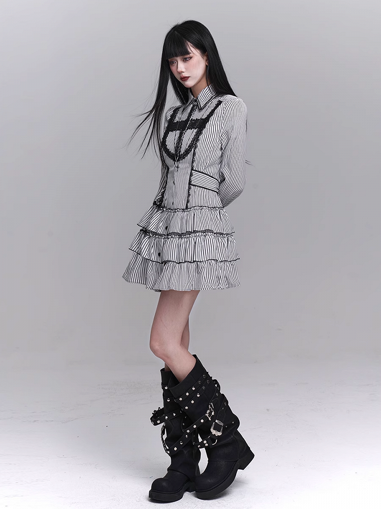 Gothic Lace Cross Tiered Skirt Black and White Striped Shirt Dress