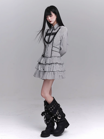 Gothic Lace Cross Tiered Skirt Black and White Striped Shirt Dress