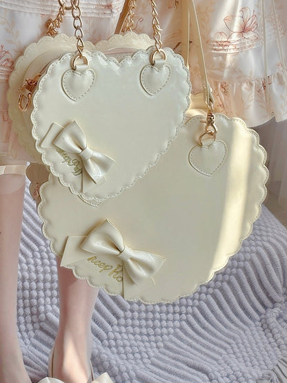 Sweet Yellow PU Leather Crossbody / Hand Bag - Heart-shaped Lolita Bag with Bow & Zipper