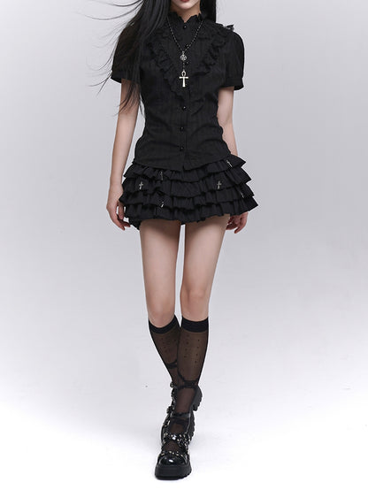 Black Lace Trim Short Sleeves Gothic Blouse
