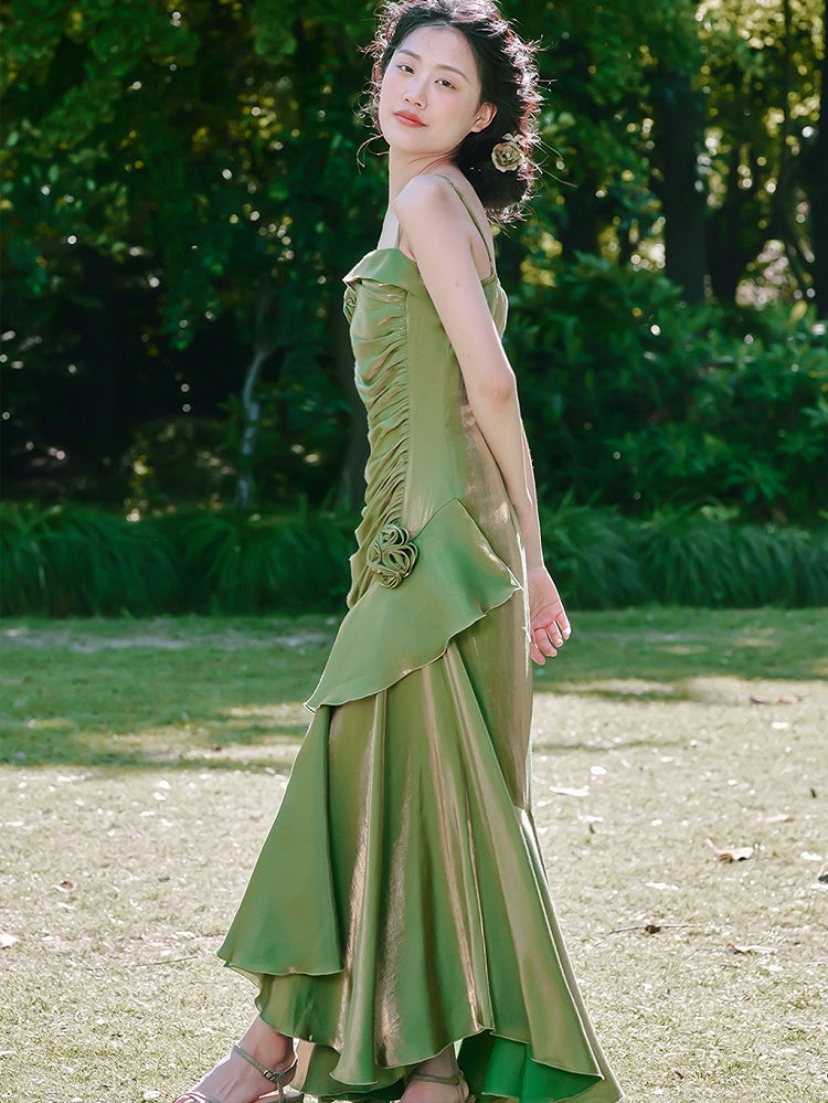 Green Floral Mermaid Skirt Flounce Hem Summer Cami Dress