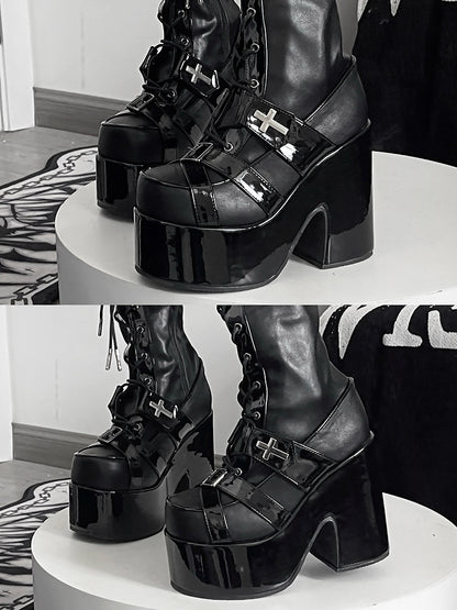 Matte Black Front Lace-up Ties Buckle Straps 12CM Heel Platform Thigh-high Boots