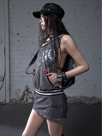 Asymmetrical Neckline Gray/White Wasteland Punk Distressed Dress with Detachable Handkerchief Hem