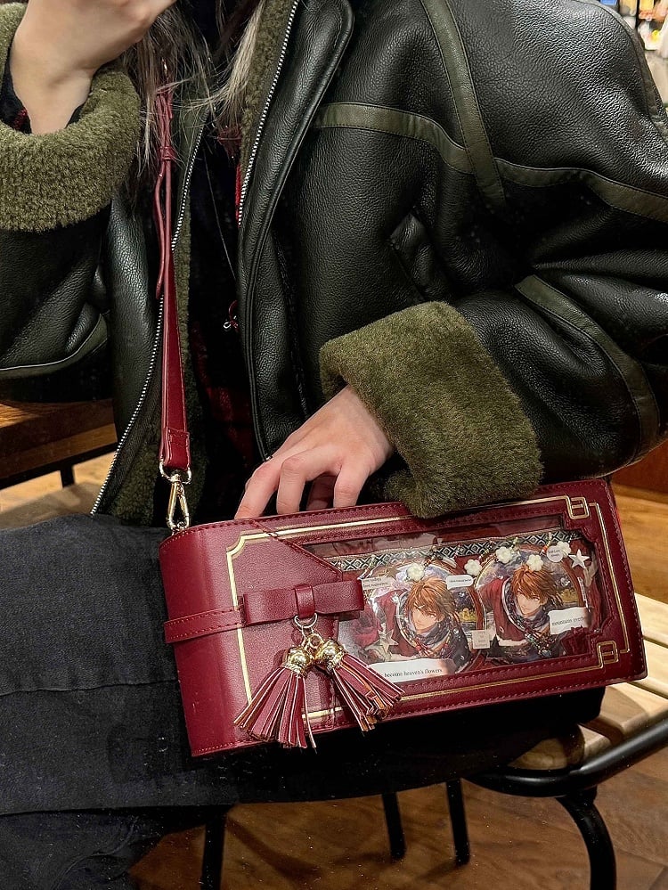 Wine Red PU Floral Pattern Cheongsam Style Ita Bag With Bow & Fringe Accent