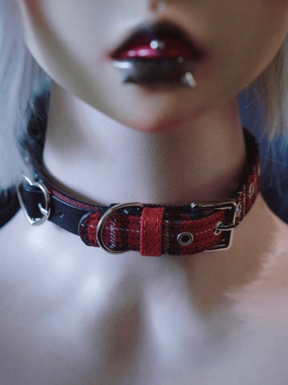 Heart PU Buckle Gothic Red Plaid Choker