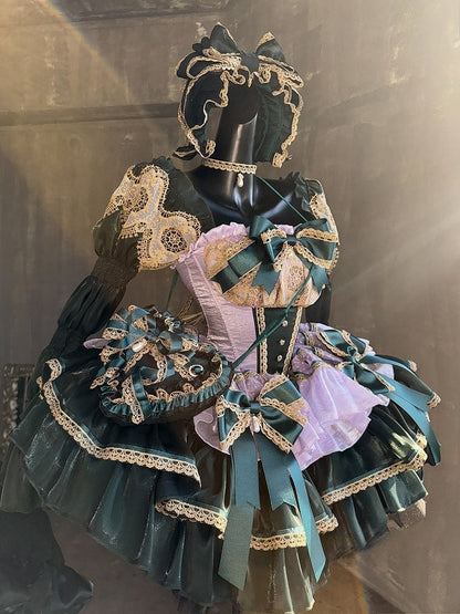 Green and Light Purple Layers Puffy Lolita Dress with Gold Lace Trim and Bow Accents