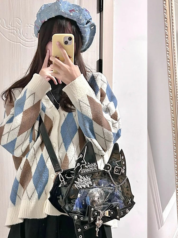 Punk Cat Polished Black PU Tote Ita Bag with Chain and Studs and a Free Card Holder