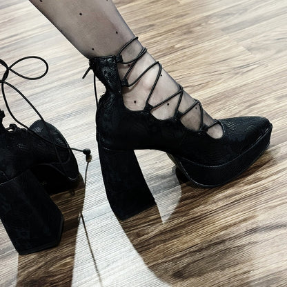 Black Punk Gothic High Block Heels - Black/Red Flower Clips, Back Zip Closures & Crossed Straps