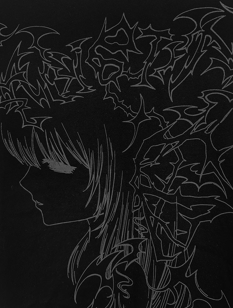 Black Emo Punk Girl Print Striped Sleeves Graphic T-shirt