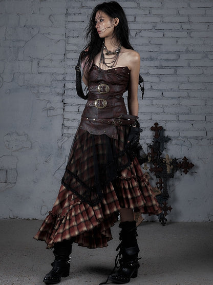 Red/Brown Wasteland Punk Buckle Decorated PU Bustier Top