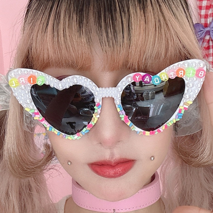 4 Options Letter Design Beaded Decorated Sunglasses