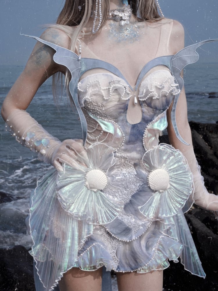 Dusty Blue Bead and Sequin Details Fairy Goth Mermaid Corset Top