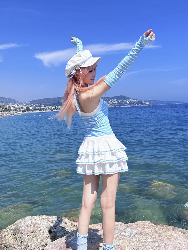 Blue Striped Pattern Navycore Self-tie Halter Dress Tiered Skirt with Free Armwear