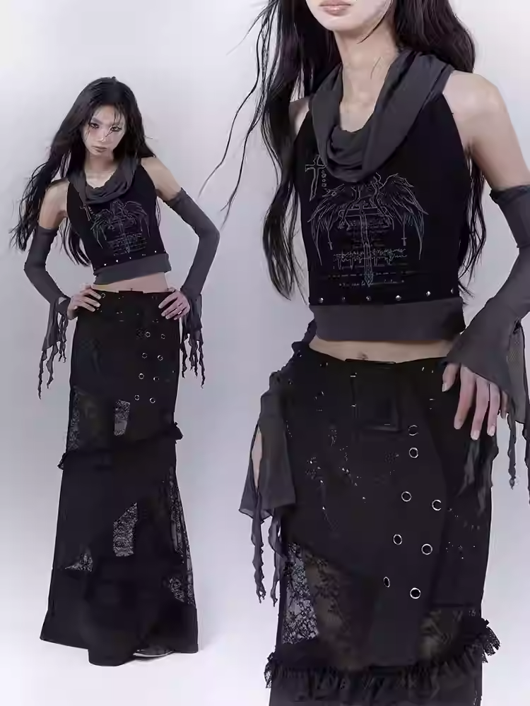 Black Cross Wing Print Punk Studded Sleeveless Top with Free Armwear