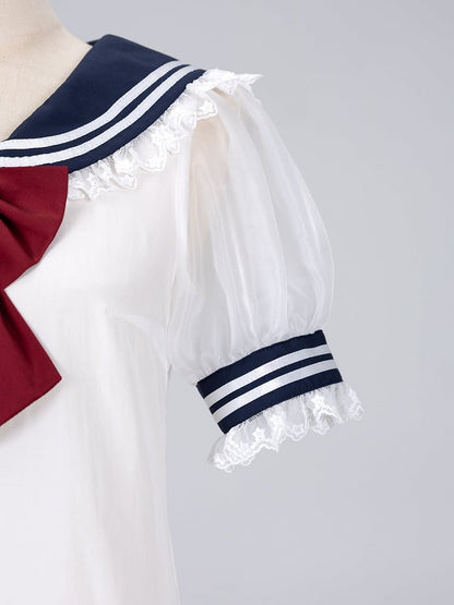Jirai Kei Summer Sailor Collar Short Sleeves Blouse with Red Bowtie Snow White Vibes
