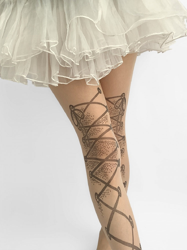Nude Lace-up Straps Print Tights