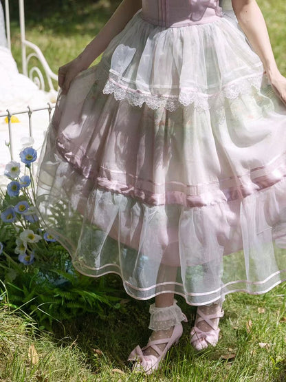 Oil Painting Water Lily Print Light Pink Square Neckline and Flutter Sleeves One Piece