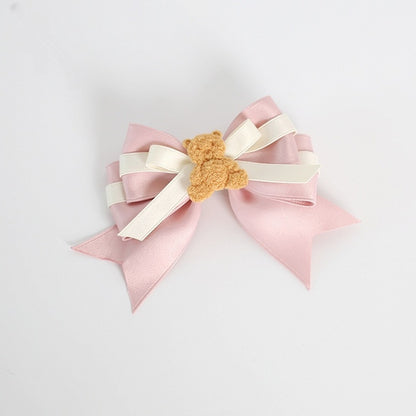 Cute Pink and Beige Bowknot Hairclip with Bear Decoration