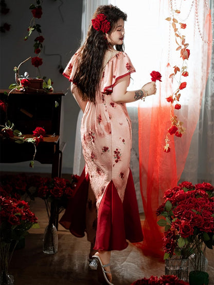 Plus Size Mesh Patchwork Hem Red Rosette Print Dress Mermaid Skirt