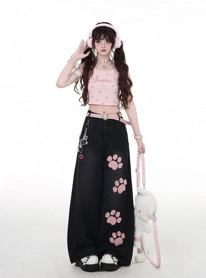 Pink Paw Embroidery Black Low Waist Straight-Leg Jeans