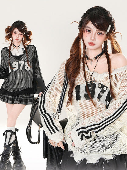 Raw Hem Number Print Black/White Hollow-out Coverup