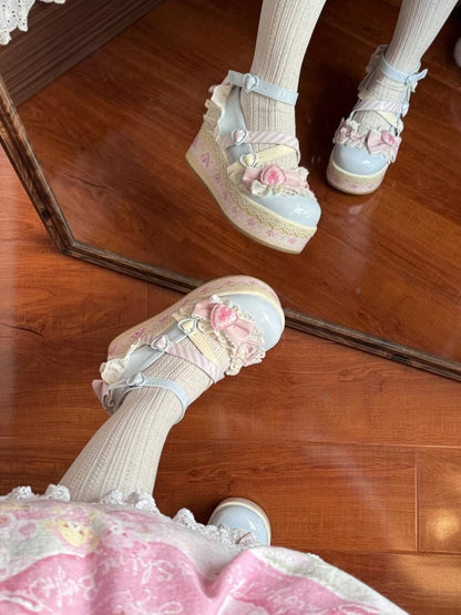 Sea Salt Strawberry Cake Blue Sweet Lolita Bow Accents Platforms Mary Jane Shoes