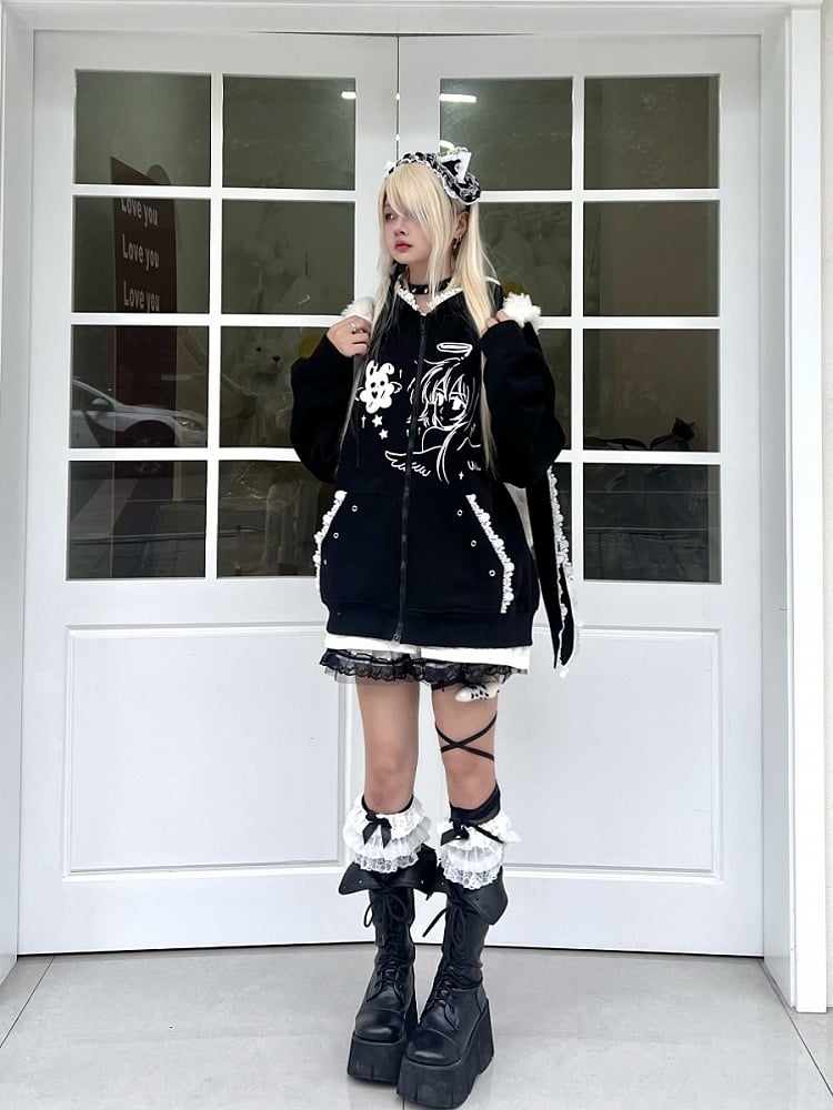 Black Jirai Kei Hoodie with Anime Girl Print and Bunny Ear Design