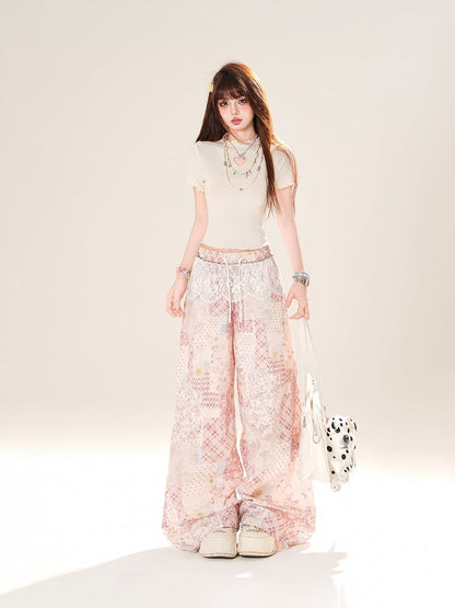 Pink Patchwork Design Elastic Waist Wide-leg Casual Pants with Lace Waist Accessory
