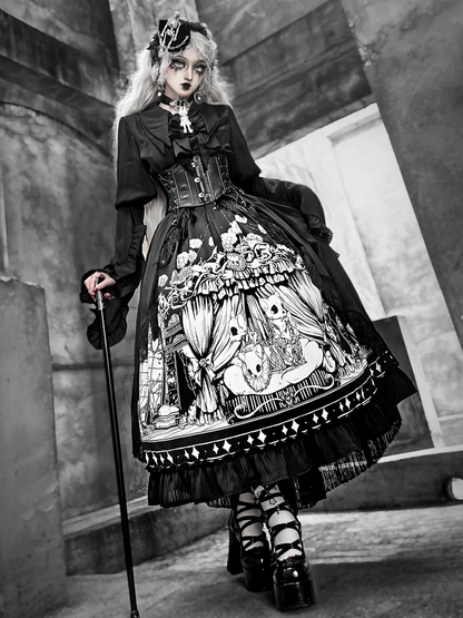 Plus Sizes Available Dark Gothic Lolita Full Set - Black Long Sleeves Shirt + Skirt + Corset Belt