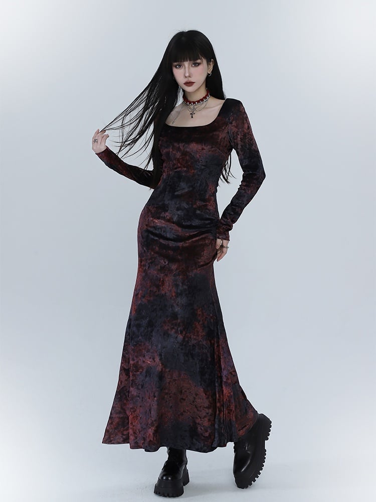 Black & Red Tie Dye Mermaid Skirt Velvet Dress