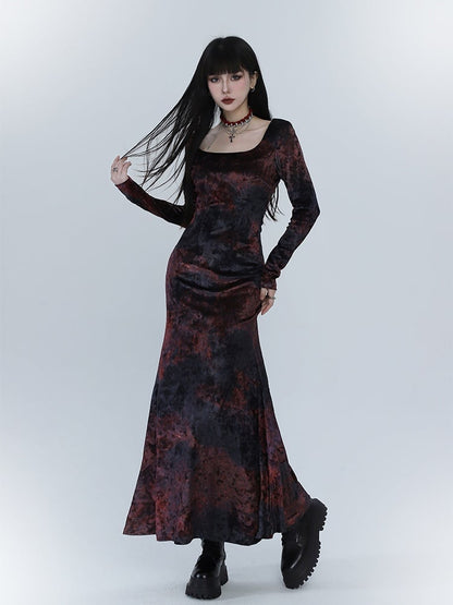 Black & Red Tie Dye Mermaid Skirt Velvet Dress