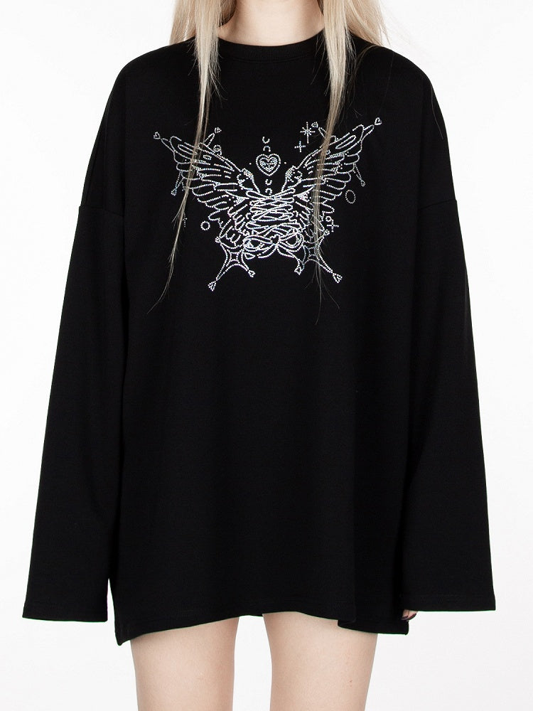 Black Rhinestone Butterfly Loose Sweatshirt