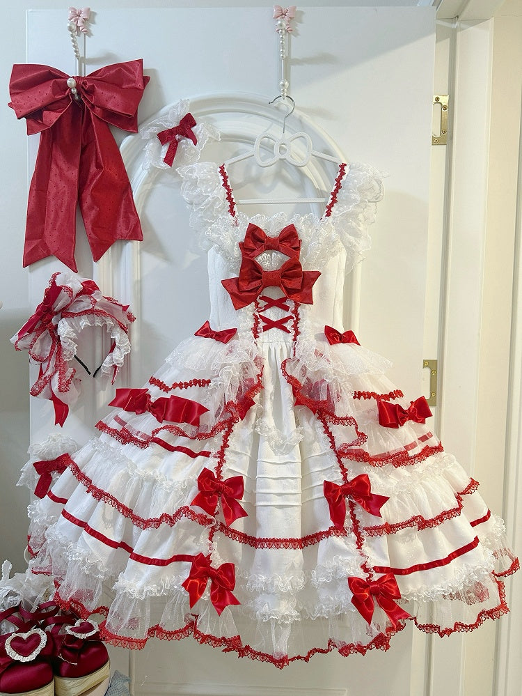 White and Red Sweet Bow Accents Princess Lolita Jumper Skirt