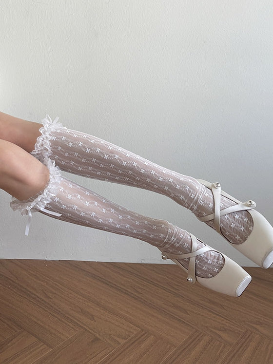 White/Beige/Black Floral Lace Trim Lolita Under-Knee Stockings