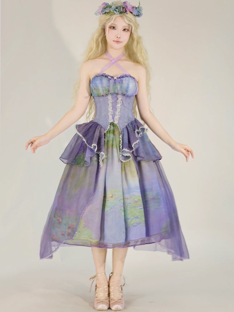 Purple Fairy Oil Painting Print Tiered Flounce Hem Halter Boned Corset Top