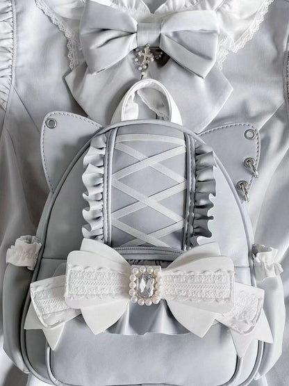 Jirai Kei Light Blue Cat Ear Backpack With Beaded and Rhinestone Bow