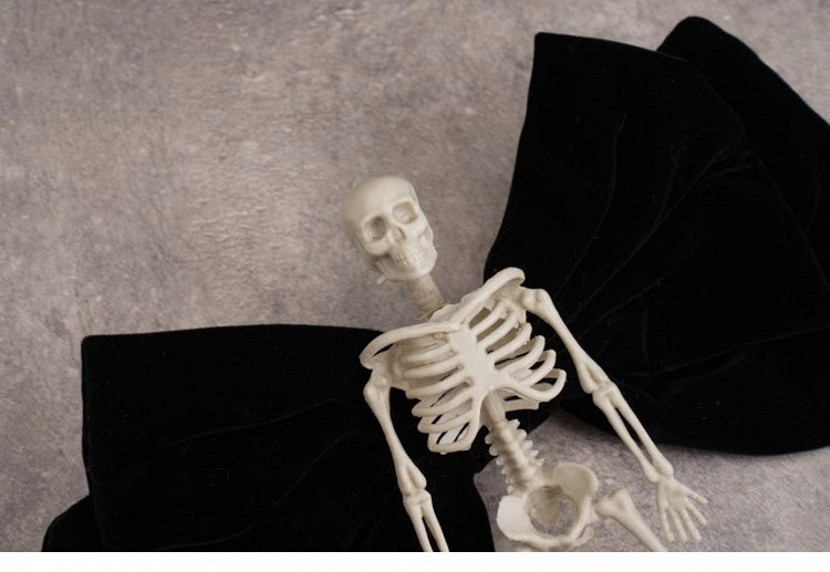 Handmade Skeleton Gothic Black Velvet Big Bow Hairclip with Crosses