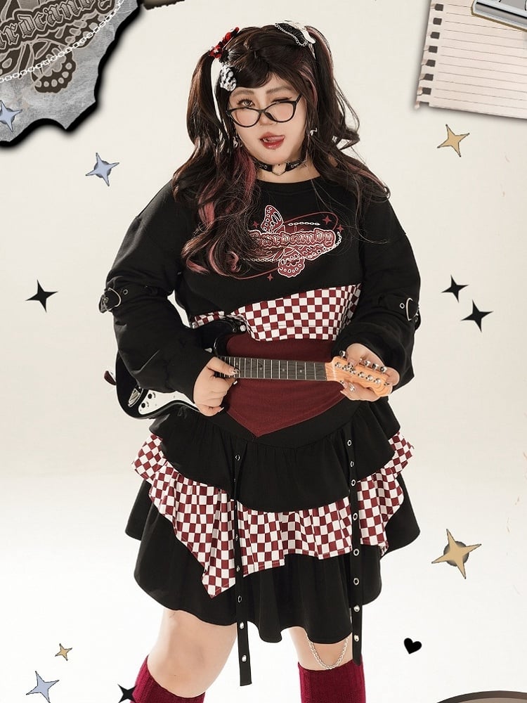 Plus Size Checked Pattern Black and Red Cropped Sweat Shirt / Red Halter Neck Top