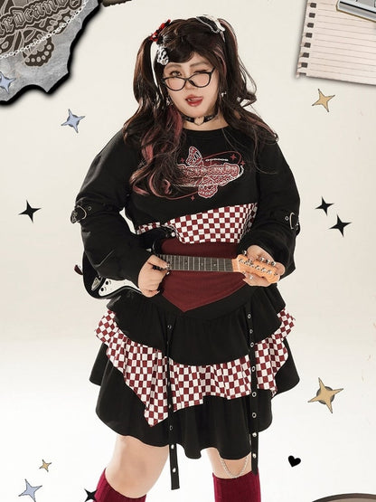 Plus Size Checked Pattern Black and Red Cropped Sweat Shirt / Red Halter Neck Top