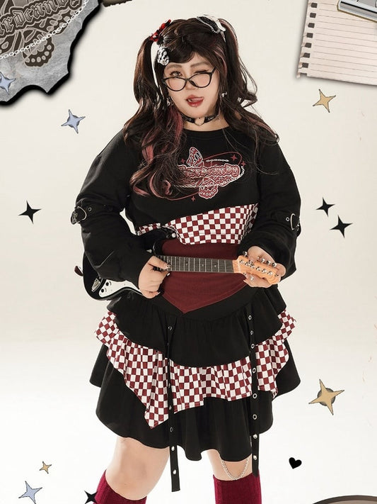 Plus Size Checked Pattern Black and Red Cropped Sweat Shirt / Red Halter Neck Top