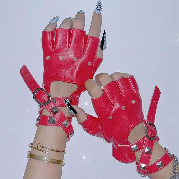 Punk Studs Crisscross Straps PU Half Finger Gloves 5 Color Options
