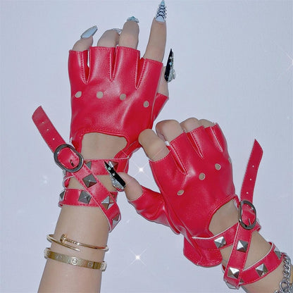 Punk Studs Crisscross Straps PU Half Finger Gloves 5 Color Options