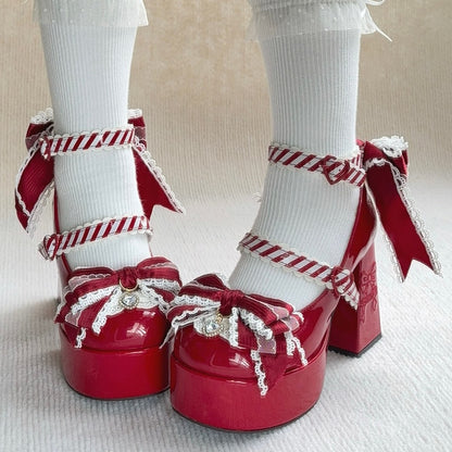 Dazzling Crystal Bow & Striped Pattern Straps PU Leather Red Platform High Block Heel Mary Janes in Elegant Lolita