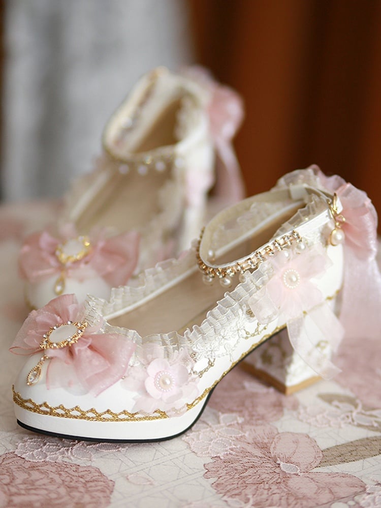 White & Pink Floral and Bow Accent 5CM/6CM/8CM Hime Lolita Block Heels