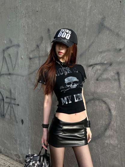 Black Y2k Graphic T-shirt with Skeleton Print